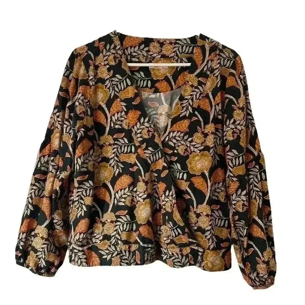 Faherty Black Floral Wrap Blouse with Gold and Rust Accents
